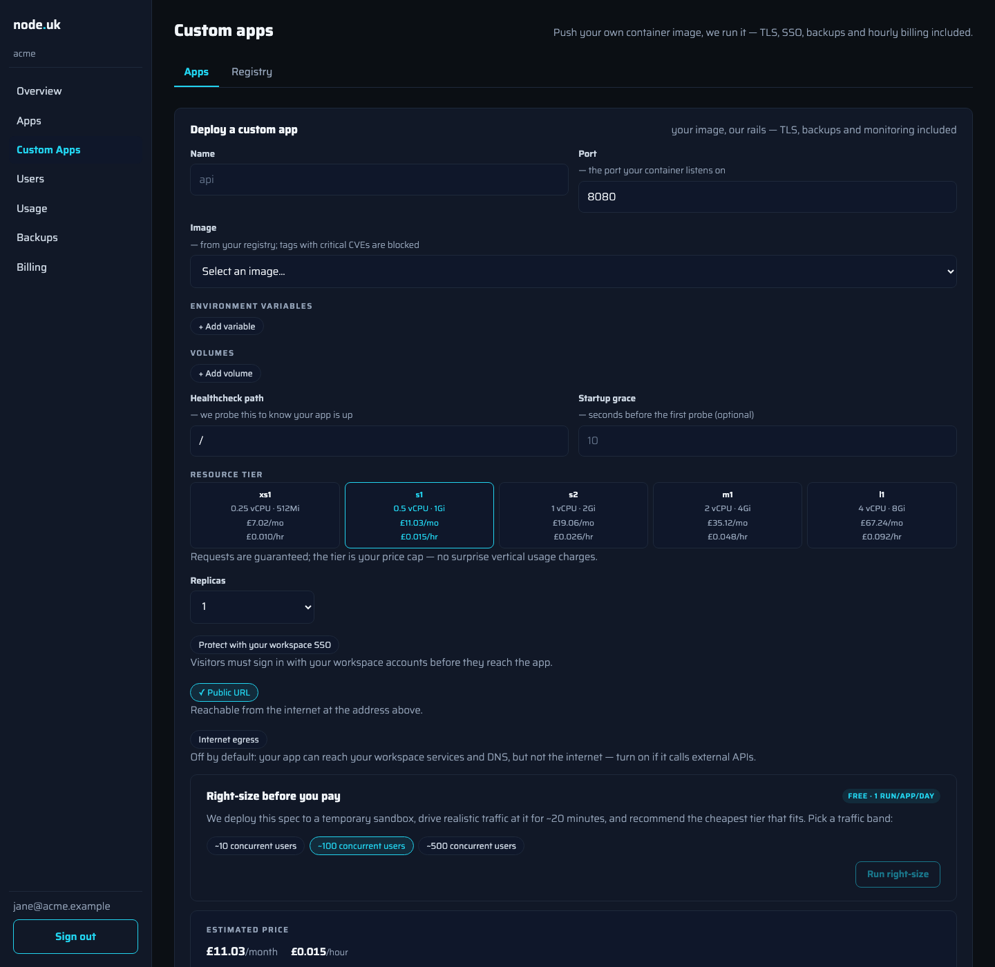 The node.uk portal deploy form for a custom app: image picker, environment variables, volumes, healthcheck, five resource tiers with monthly and hourly prices, SSO and public URL toggles, and the free right-size load test
