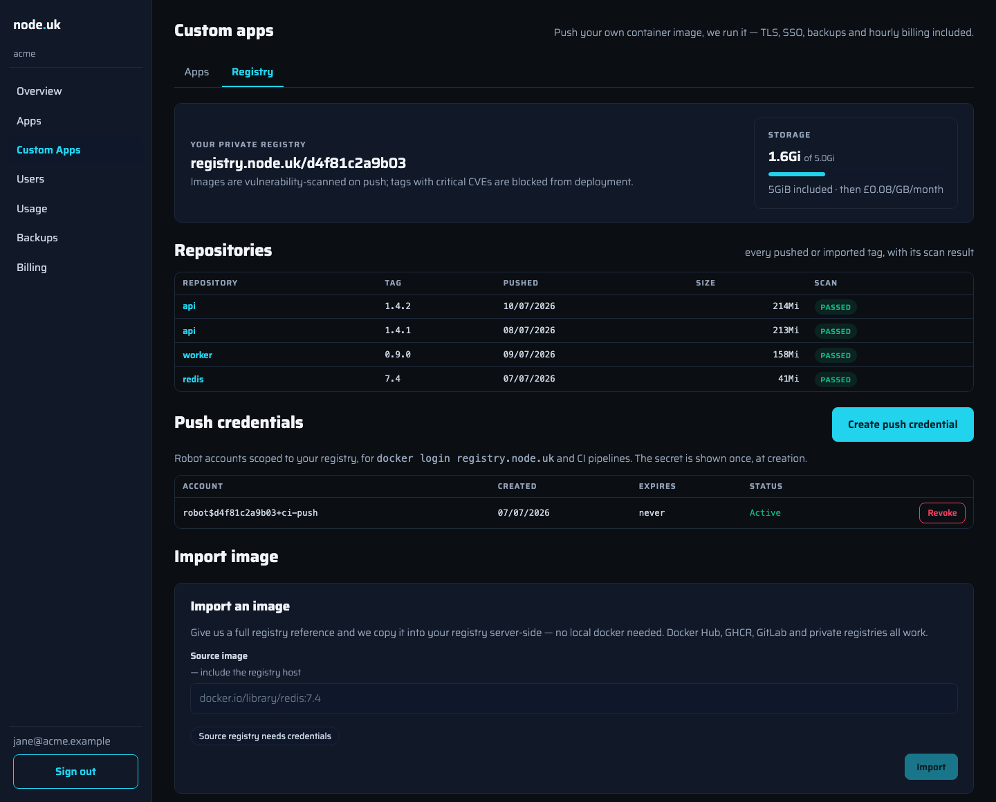 The registry tab in the node.uk portal: private registry address, storage quota meter, repositories with per-tag vulnerability scan results, push credentials and the server-side image import form