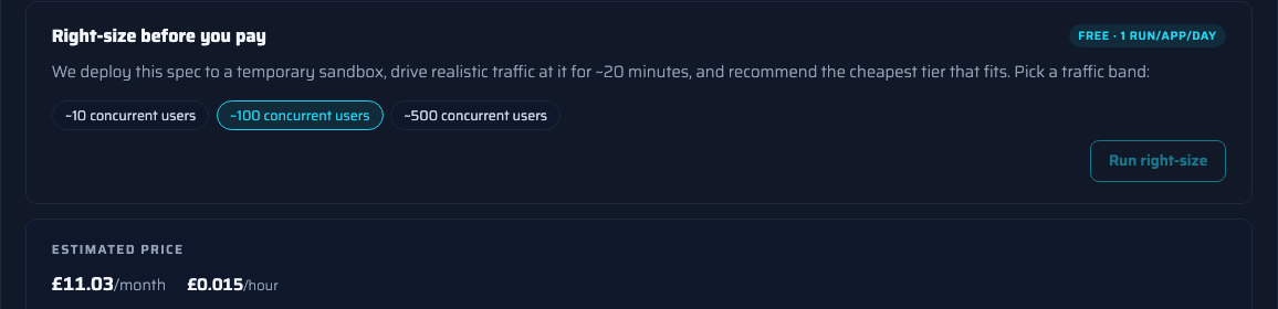 The right-size panel in the deploy form: pick a traffic band of roughly 10, 100 or 500 concurrent users and run a free load test before paying
